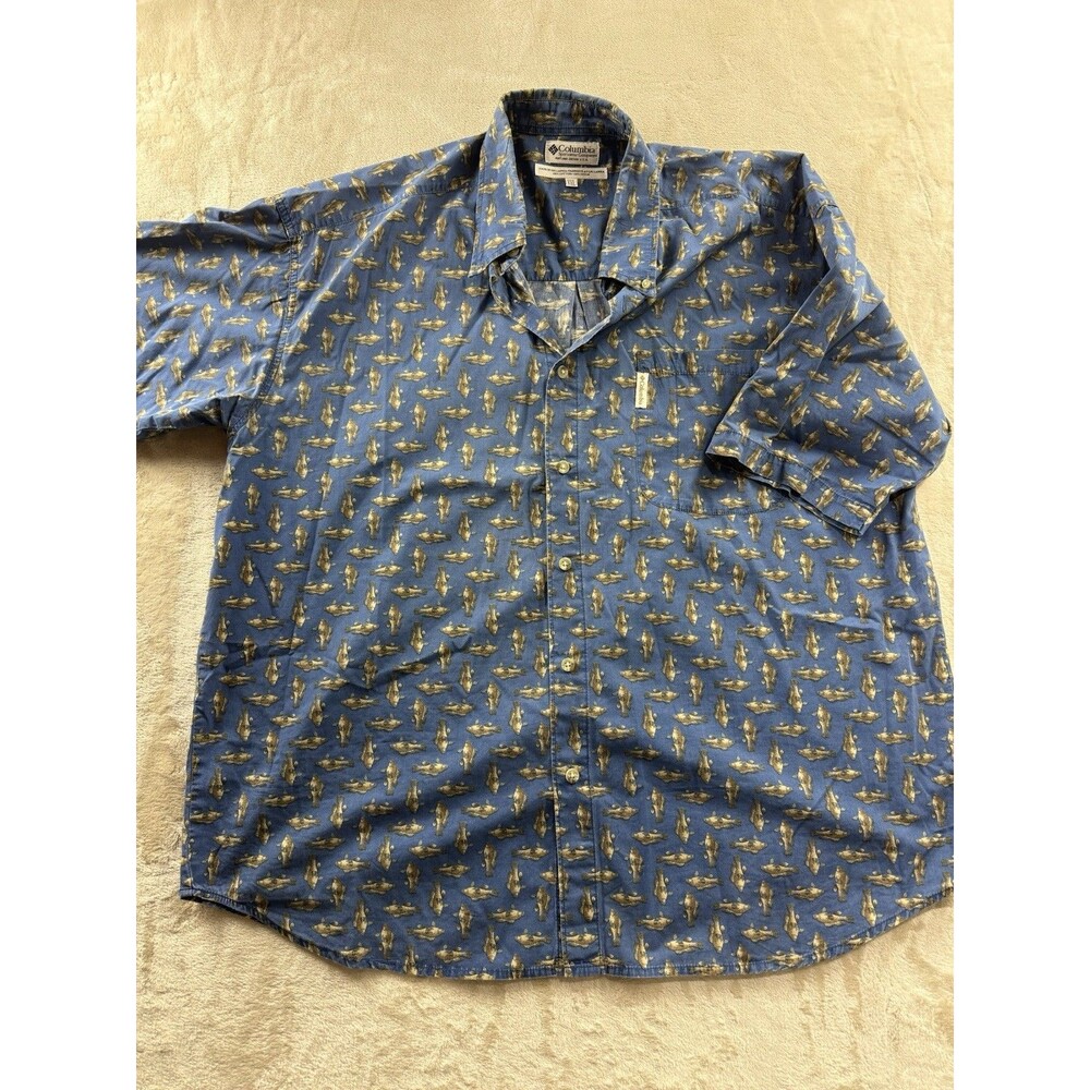 Vintage Columbia Bass Fish Print Button UP Casual Shirt Sz 2XL Blue Super Soft
